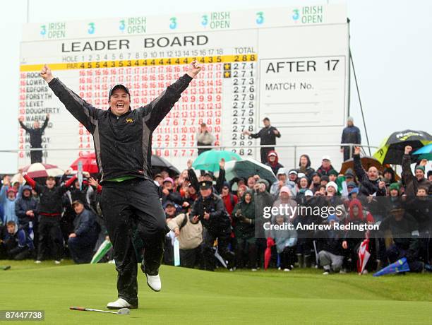 Shane Lowry of Ireland celebrates after winning on the third play-off hole during the final round of The 3 Irish Open at County Louth Golf Club on...