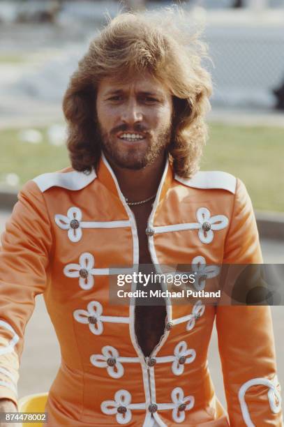 British singer Barry Gibb of pop group The Bee Gees on the set of 'Sgt Pepper's Lonely Hearts Club Band' musical comedy film, directed by Michael...