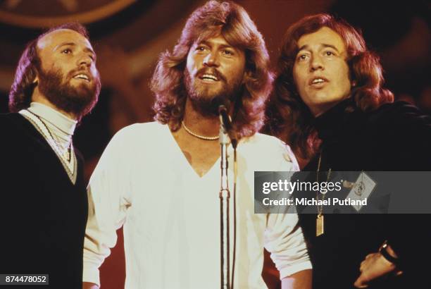 Pop vocal trio the Bee Gees performing at the Music for UNICEF Concert at the United Nations General Assembly in New York City, 9th January 1979....