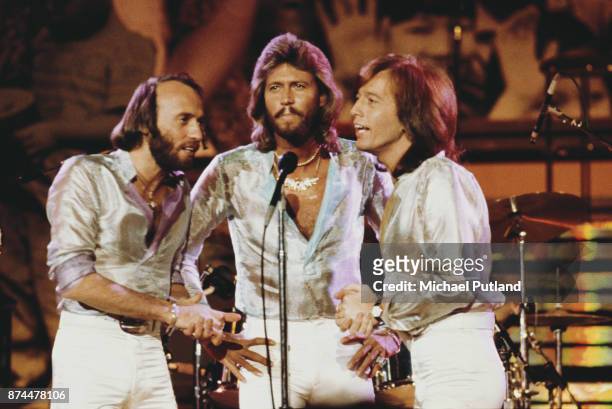 Pop vocal trio the Bee Gees performing at the Music for UNICEF Concert at the United Nations General Assembly in New York City, 9th January 1979....