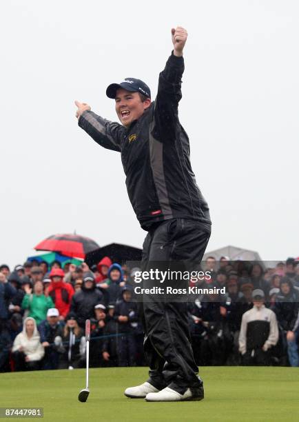 Shane Lowry of Ireland celebrates after winning on the third play-off hole during the final round of The 3 Irish Open at County Louth Golf Club on...