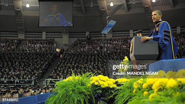 President Barack Obama speaks May 17, 2009 during the commencement ceremony in the Joyce Center of Notre Dame University in South Bend, Indiana....