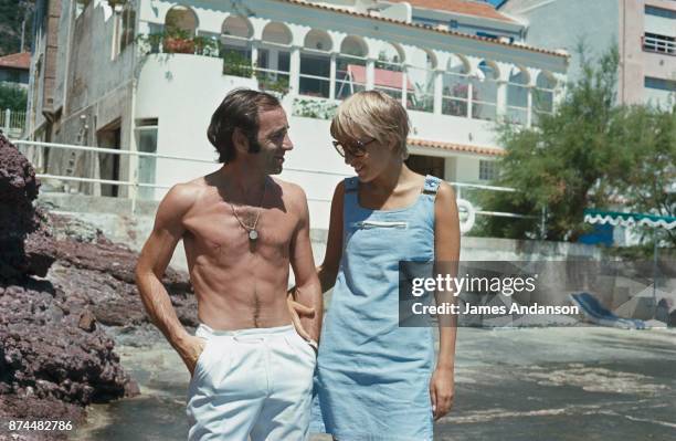 French singer and songwriter of Armenian origin Charles Aznavour with his third wife Swede Ulla Thorsell on holiday in the South of France.