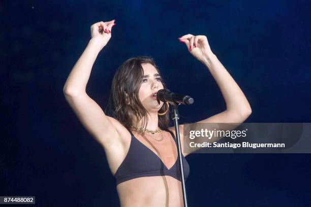 Dua Lipa performs prior the Coldplay concert as part of the 'A Head Full Of Dreams' Tour at Ciudad de La Plata Stadium on November 14, 2017 in La...