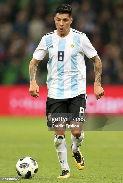 Enzo Perez of Argentina drives the ball during an international friendly match between Argentina and Nigeria at Krasnodar Stadium on November 14,...