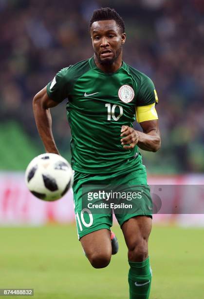 John Obi Mikel of Nigeria drives the ball during an international friendly match between Argentina and Nigeria at Krasnodar Stadium on November 14,...