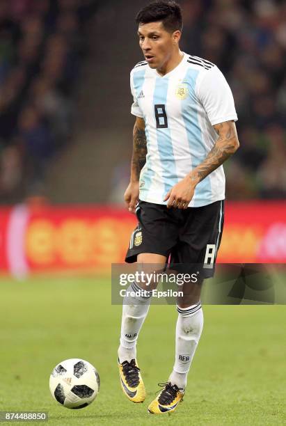 Enzo Perez of Argentina drives the ball during an international friendly match between Argentina and Nigeria at Krasnodar Stadium on November 14,...