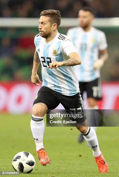 Alejandro Gomez of Argentina drives the ball during an international friendly match between Argentina and Nigeria at Krasnodar Stadium on November...