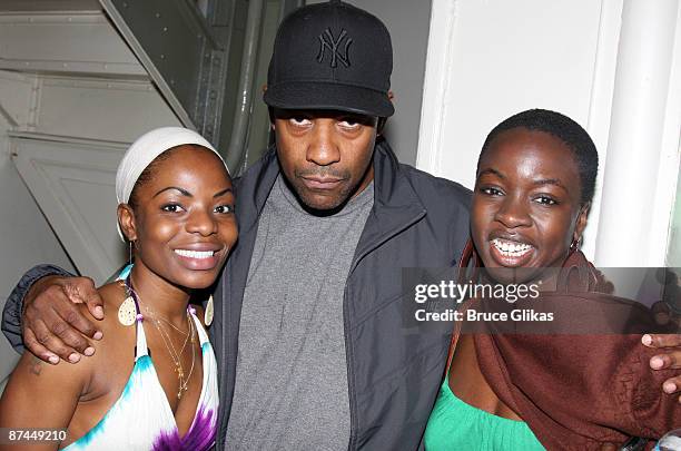 Stephanie Blake, Denzel Washington and Danai Gurira pose backstage at "Joe Turner's Come and Gone" on Broadway at The Belasco Theater on May 16, 2009...