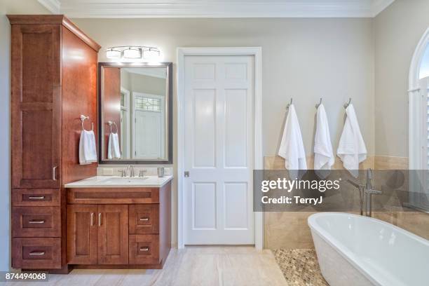 remodeled master bathroom - toilet door stock pictures, royalty-free photos & images