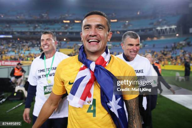 Tim Cahill of Australia celebrates victory after the 2018 FIFA World Cup Qualifiers Leg 2 match between the Australian Socceroos and Honduras at ANZ...