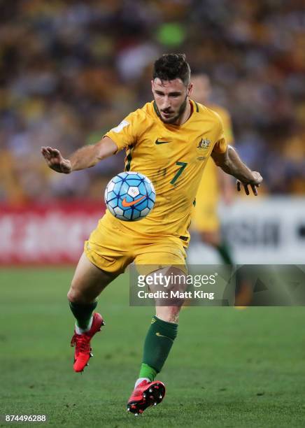 Matthew Leckie of Australia takes a shot on goal during the 2018 FIFA World Cup Qualifiers Leg 2 match between the Australian Socceroos and Honduras...