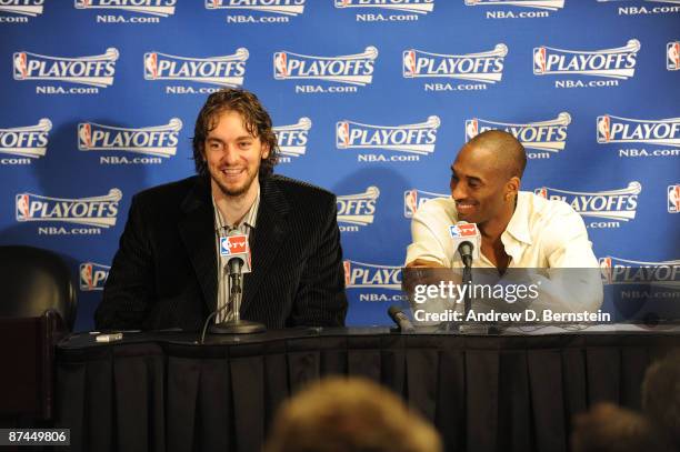 Pau Gasol and Kobe Bryan of the Los Angeles Lakers field question from the media following their victory over the Houston Rockets in Game Seven of...