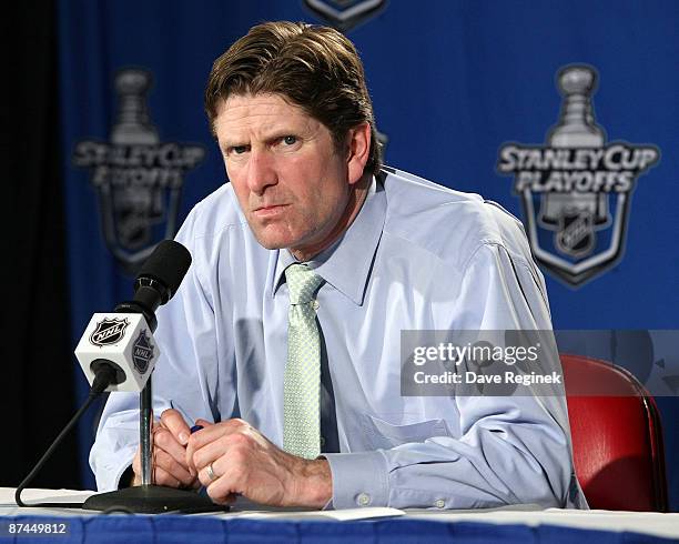 Head Coach Mike Babcock of the Detroit Red Wings talks about the game during a press conferance after Game One of the Western Conference Championship...