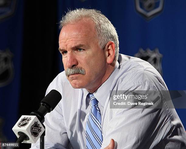 Head Coach Joel Quenneville of the Chicago Blackhawks talks about the game during a press conferance after Game One of the Western Conference...