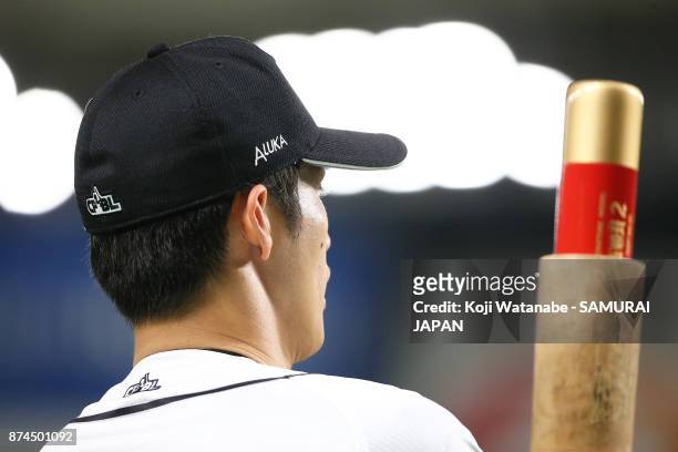 Yang Dai-Kang of Chinese Taipei looks on during the Chinese Taipei training ahead of the Eneos Asia Professional Baseball Championship at Tokyo Dome...
