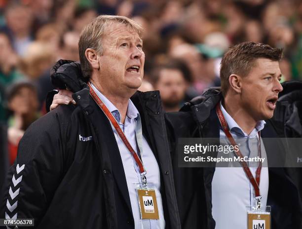 Dublin , Ireland - 14 November 2017; Denmark manager Aage Hareide and assistant coach Jon Dahl Tomasson, right, during the FIFA 2018 World Cup...