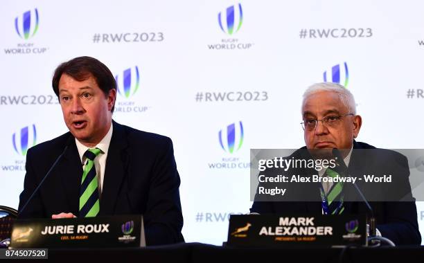 Jurie Roux, CEO of SA Rugby and Mark Alexander, CEO of SA Rugby speak at a press conference following the Rugby World Cup 2023 Host Decision at Royal...