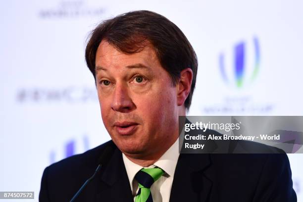 Jurie Roux, CEO of SA Rugby speaks at a press conference following the Rugby World Cup 2023 Host Decision at Royal Garden Hotel on November 15, 2017...