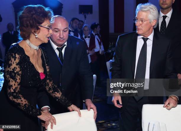 Actor Richard Gere and actress Sophia Loren attend the BraVo international professional musical awards at "Europeisky" halll on November 14, 2017 in...