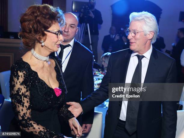 Actor Richard Gere and actress Sophia Loren attend the BraVo international professional musical awards at "Europeisky" halll on November 14, 2017 in...