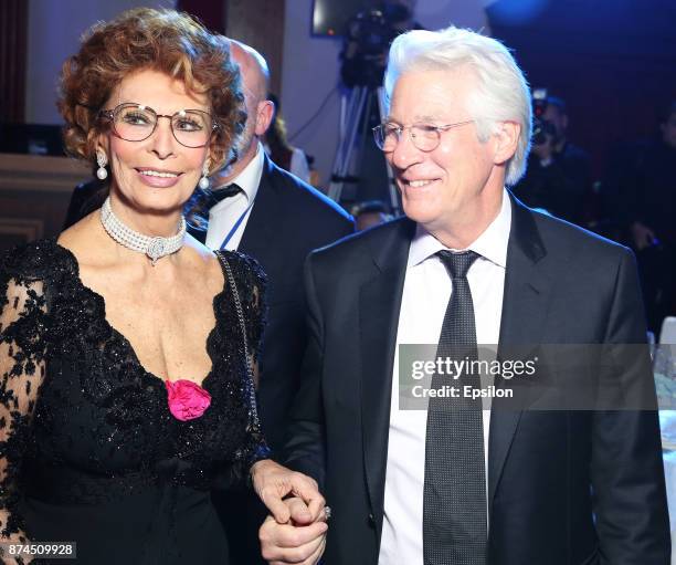 Actor Richard Gere and actress Sophia Loren attend the BraVo international professional musical awards at "Europeisky" halll on November 14, 2017 in...