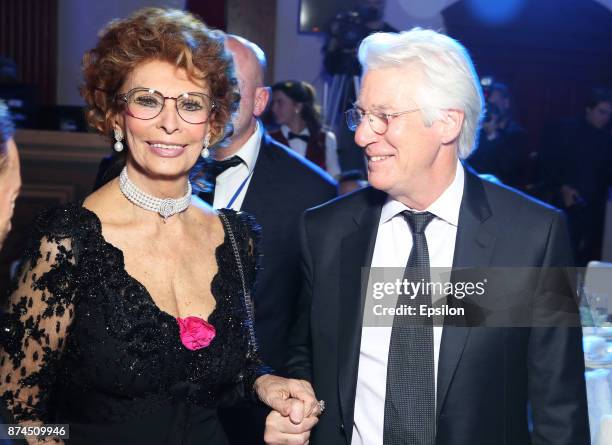 Actor Richard Gere and actress Sophia Loren attend the BraVo international professional musical awards at "Europeisky" halll on November 14, 2017 in...