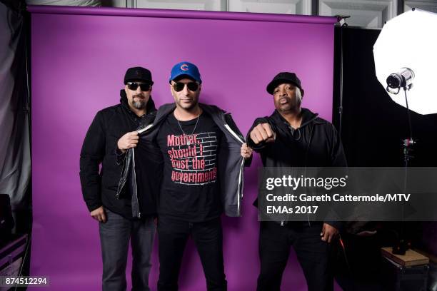 Real, Tom Morello and Chuck D of Rap-Rock supergroup Prophets of Rage pose in the Studio during the MTV EMAs 2017 held at The SSE Arena, Wembley on...