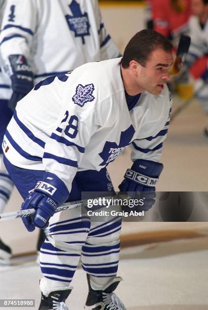 Tie Domi of the Toronto Maple Leafs skates against the Chicago Black Hawks on January 24, 1996 at Maple Leaf Gardens in Toronto, Ontario, Canada.