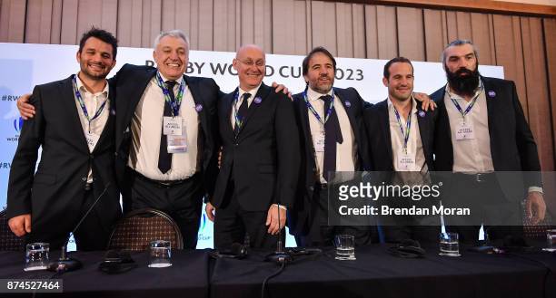 London , United Kingdom - 15 November 2017; The French bid team, from left, Fabrice Estebanez, Director of the France 2023 bid Claude Atcher,...
