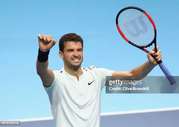 Grigor Dimitrov of Bulgaria celebrates during the singles match against David Goffin of Belgium on day four of the 2017 Nitto ATP World Tour Finals...