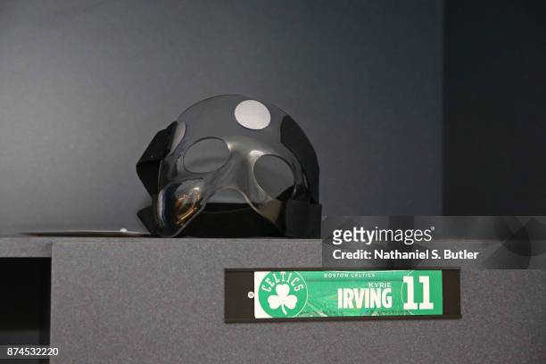 Close up shot of the Kyrie Irving of the Boston Celtics mask before the game against the Brooklyn Nets on November 14, 2017 at Barclays Center in...