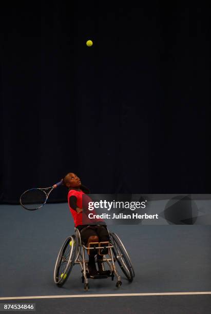 Kgothatso Montjane of South Africa in action during The Bath Indoor Wheelchair Tennis Tournament on November 15, 2017 in Bath, England.