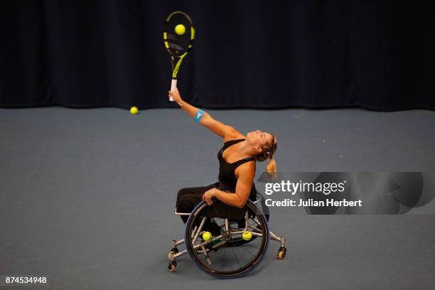 Lucy Shuker of Great Britain in action during The Bath Indoor Wheelchair Tennis Tournament on November 15, 2017 in Bath, England.