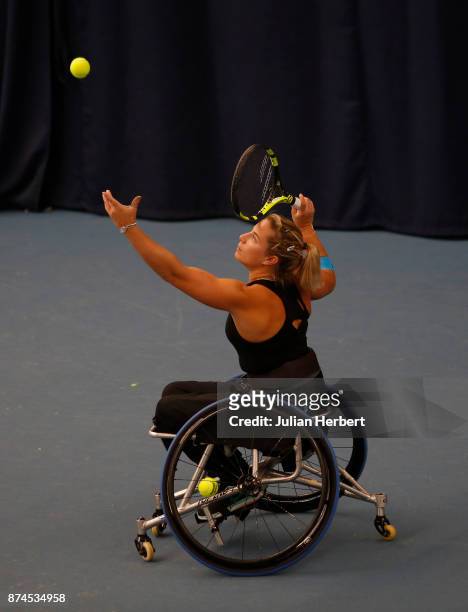 Lucy Shuker of Great Britain in action during The Bath Indoor Wheelchair Tennis Tournament on November 15, 2017 in Bath, England.