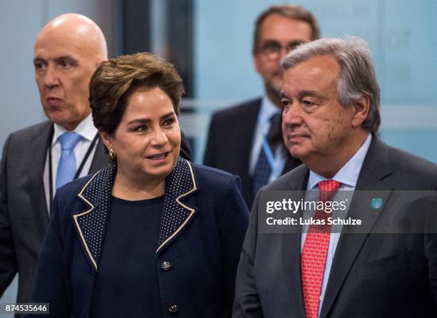 Antonio Guterres , Secretary General of the United Nations, and Mexican Patricia Espinosa Cantellano arrive for a meeting during the COP 23 United...