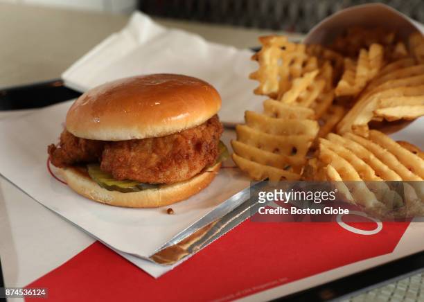 Chicken sandwich with waffle fries is pictured at the Chick-Fil-A restaurant in Dedham, MA on Nov. 8, 2017.
