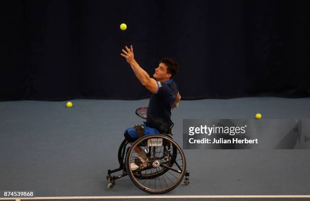Gustavo Fernandez of Argentina in action during The Bath Indoor Wheelchair Tennis Tournament on November 15, 2017 in Bath, England.