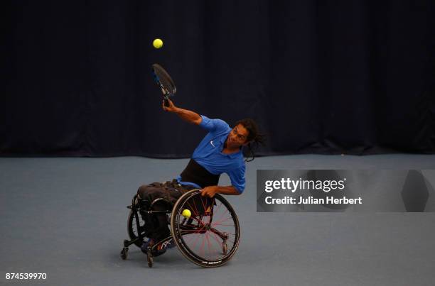 Ymanitu Silva of Brazil in action during The Bath Indoor Wheelchair Tennis Tournament on November 15, 2017 in Bath, England.