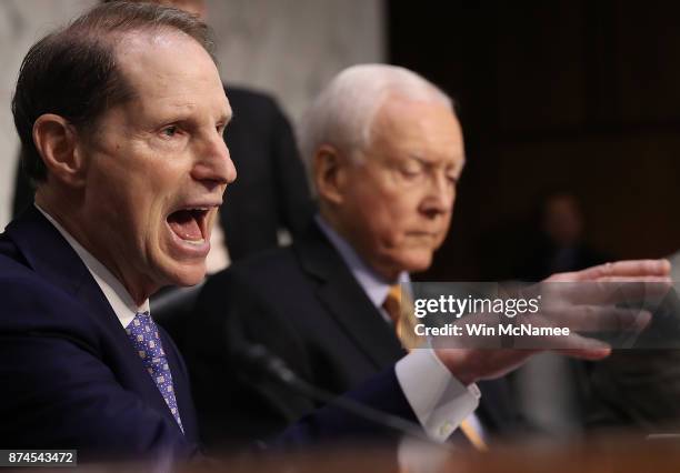 Sen. Ron Wyden, ranking member of the Senate Finance Committee, speaks during a markup of the Republican tax reform proposal November 14, 2017 in...