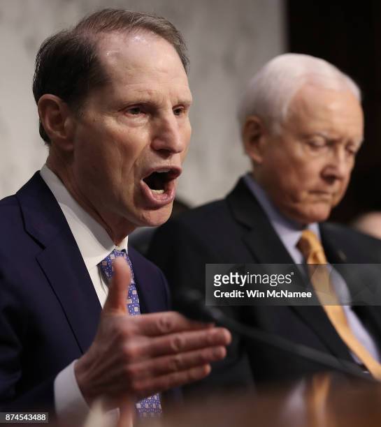 Sen. Ron Wyden, ranking member of the Senate Finance Committee, speaks during a markup of the Republican tax reform proposal November 14, 2017 in...