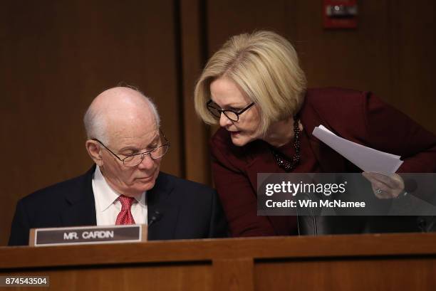Sen. Claire McCaskill speaks with Sen. Ben Cardin during a markup of the Republican tax reform proposal November 14, 2017 in Washington, DC. Today,...