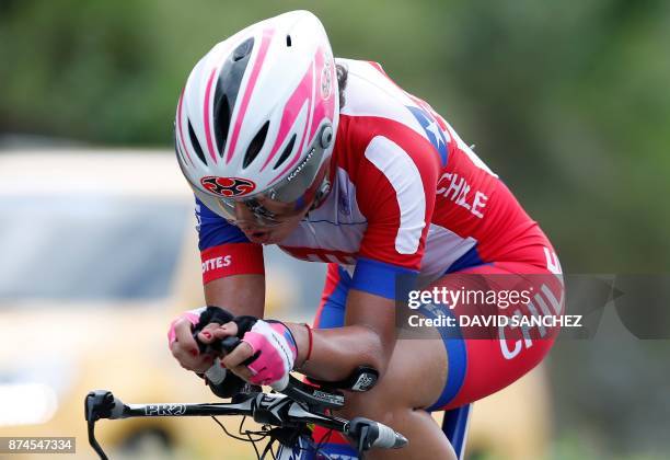 Aranda Villalon of Chile competes in the women's time trial cycling event during the XVIII Bolivarian Games in Santa Marta, Colombia, on November 15,...