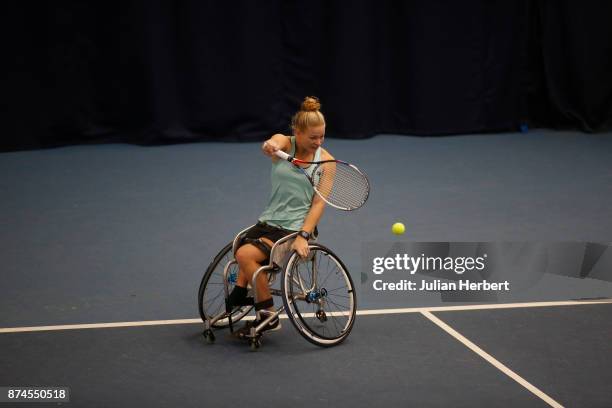 Diede De Groot of The Netherlands in action during The Bath Indoor Wheelchair Tennis Tournament on November 15, 2017 in Bath, England.