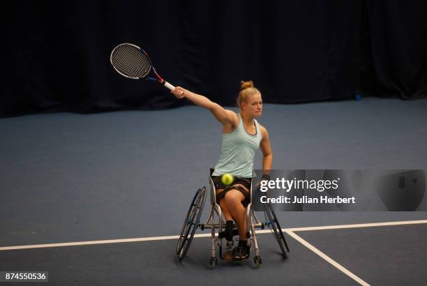 Diede De Groot of The Netherlands in action during The Bath Indoor Wheelchair Tennis Tournament on November 15, 2017 in Bath, England.