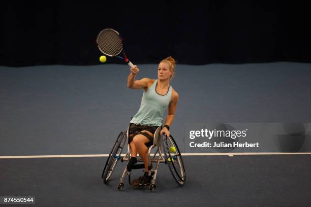 Diede De Groot of The Netherlands in action during The Bath Indoor Wheelchair Tennis Tournament on November 15, 2017 in Bath, England.