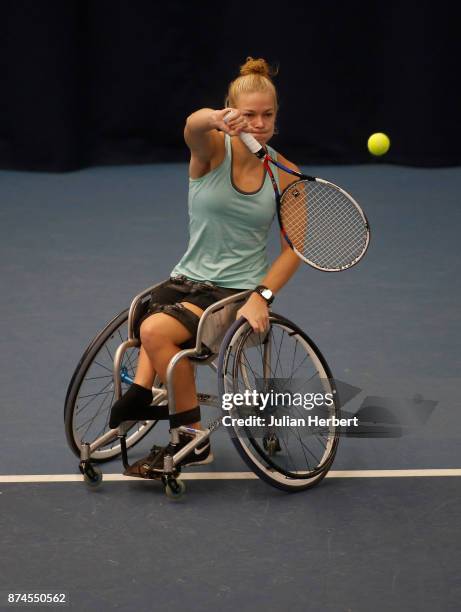 Diede De Groot of The Netherlands in action during The Bath Indoor Wheelchair Tennis Tournament on November 15, 2017 in Bath, England.