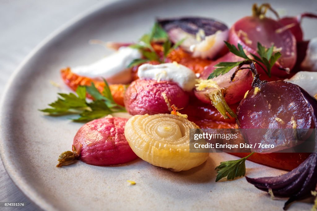 Pretty Roasted Vegetables with Almond Cream Close Up