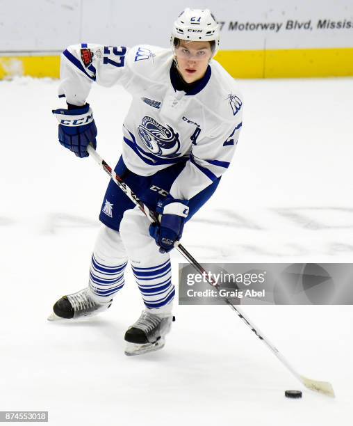 Jacob Moverare of the Mississauga Steelheads controls the puck against the Erie Otters during game action on November 15, 2017 at Hershey Centre in...