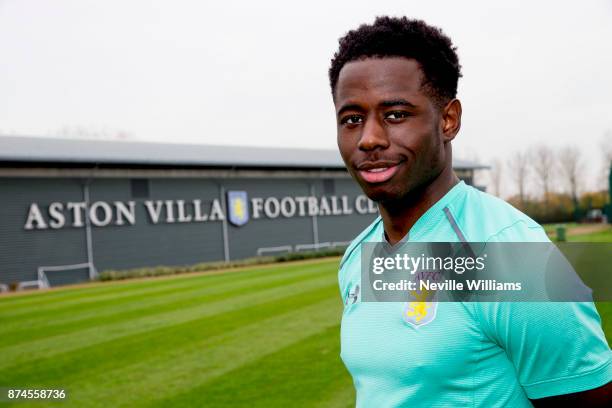 Keinan Davis of Aston Villa poses for a picture at the Aston Villa training ground on November 15, 2017 in Birmingham, England.